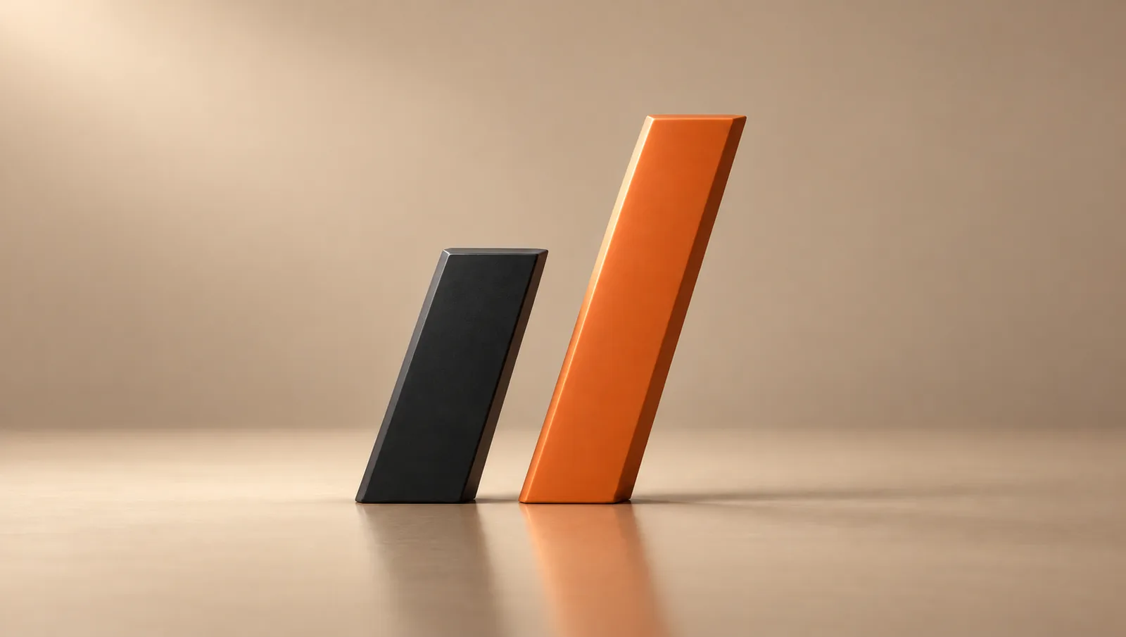 The Upshift mark in 3D: a short carbon bar and a taller burnt-orange bar leaning forward on a warm tan floor.